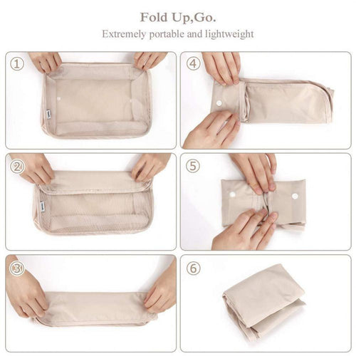 Beige packing cube folding flat in 6 steps