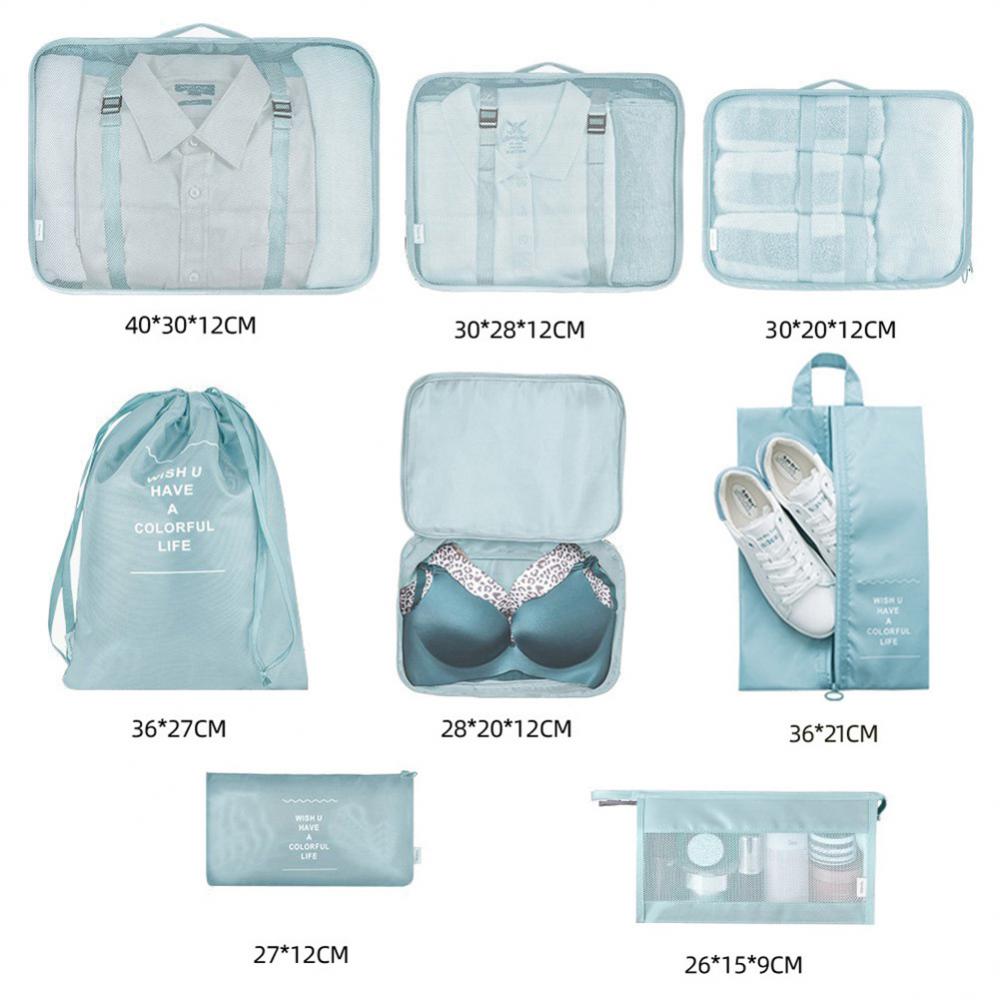 Size guide for all 8 pieces in cm, shown in blue. The set you get is beige