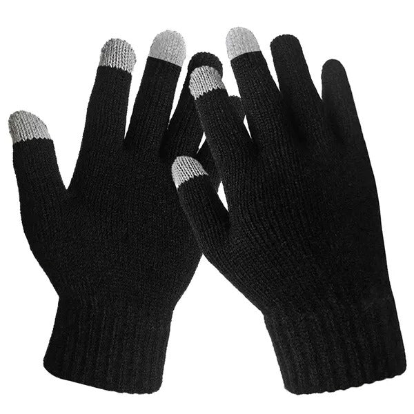 Touchscreen Knit Winter Gloves in Black, pair, with gray touchscreen thumb, index and middle fingertips