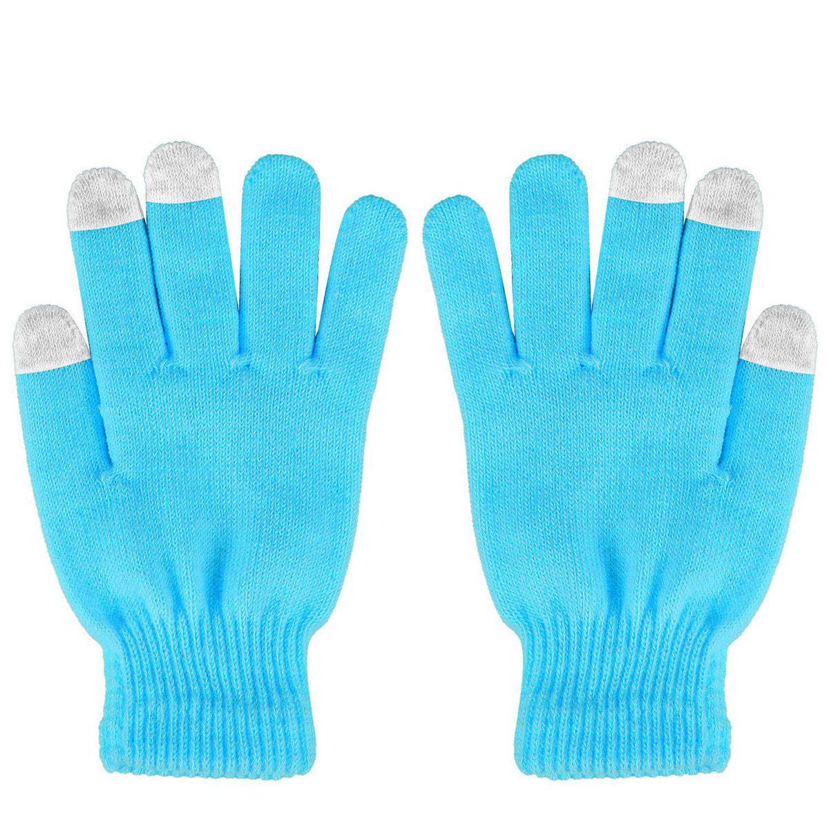 Touchscreen Knit Winter Gloves in Blue, pair, with gray touchscreen fingertips