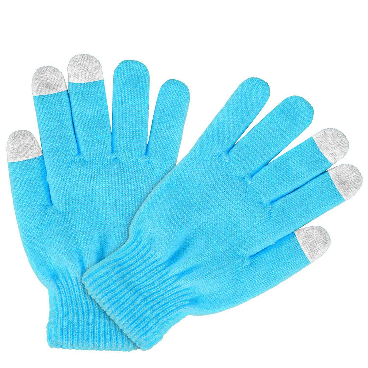 Blue touchscreen knit gloves, pair, angled view