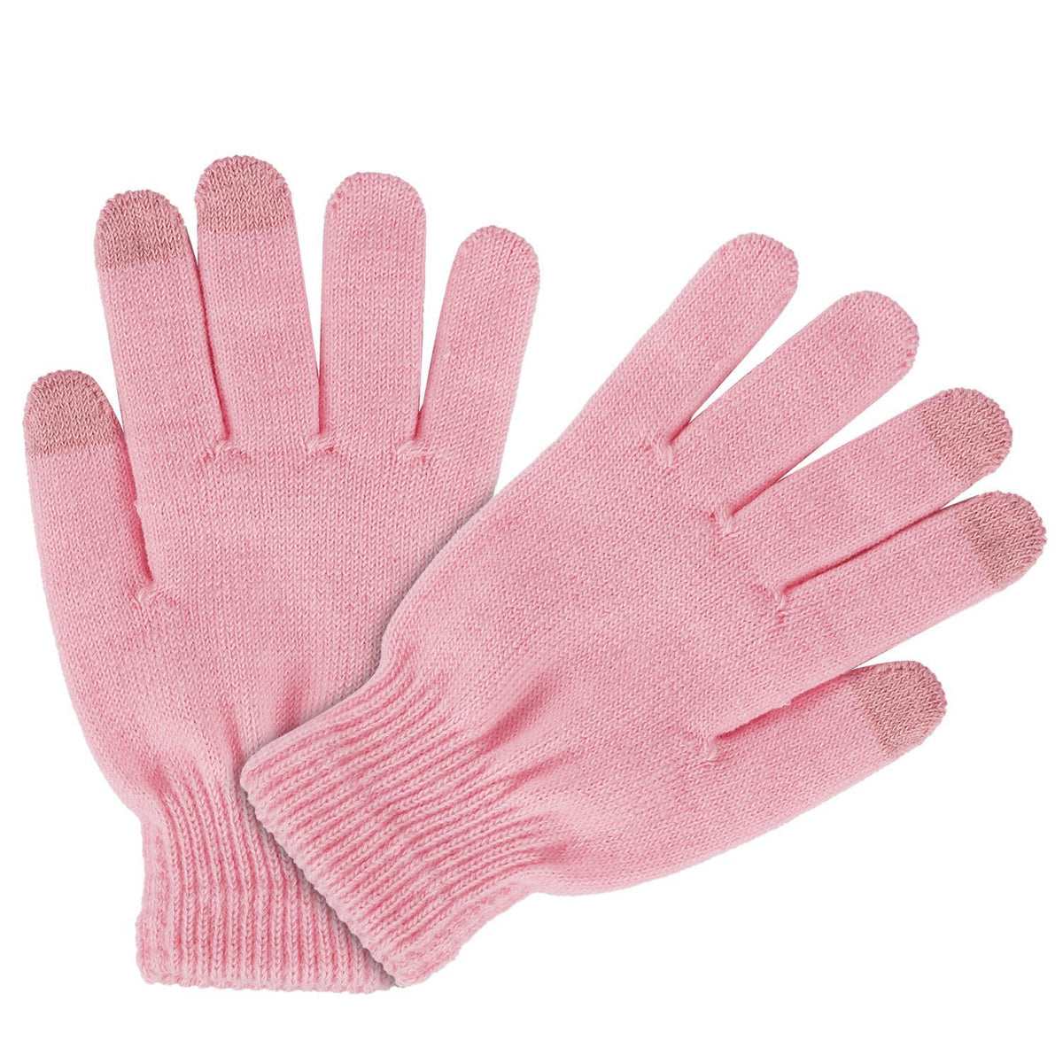 Pink touchscreen knit gloves, pair, angled view