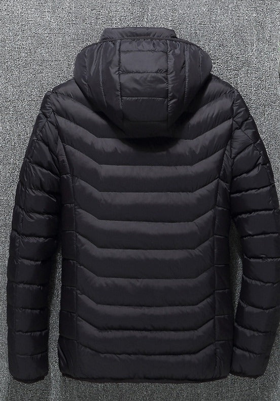 Black USB heated puffer with hood, back view