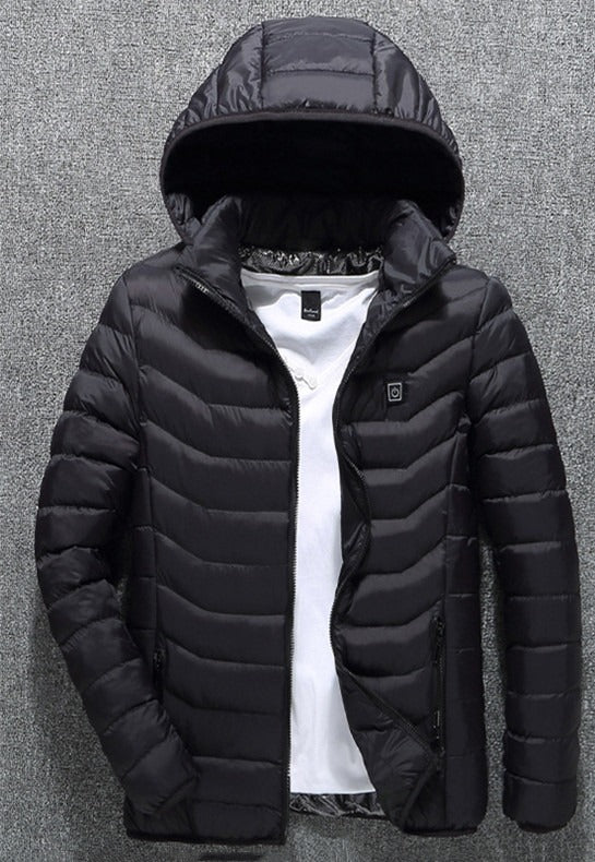 Black USB heated puffer with hood and chest power button, front view