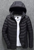 Black USB heated puffer with hood and chest power button, front view